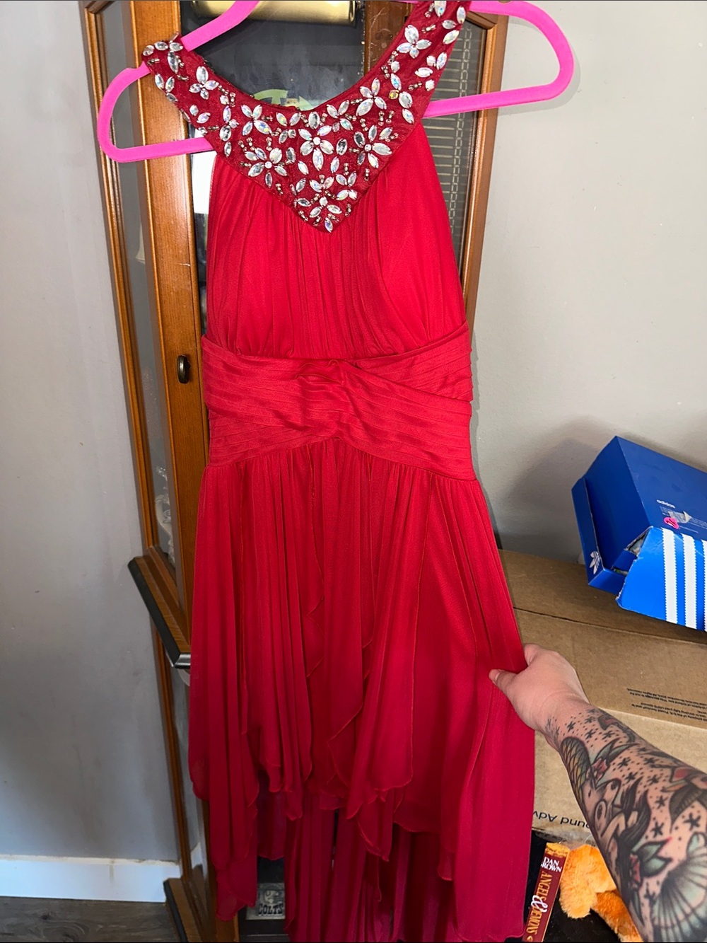 My Michelle Red Jeweled Halter Formal Dress